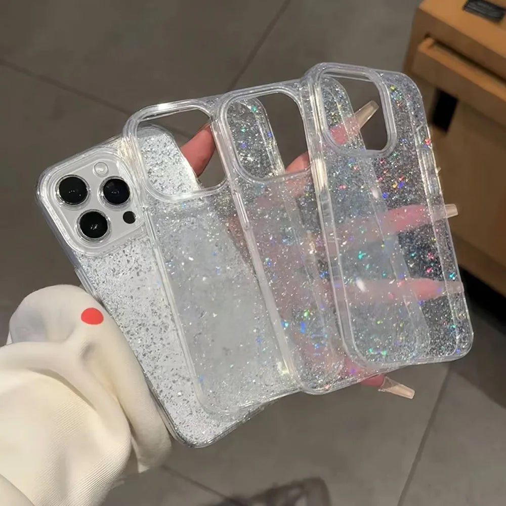 Glitter Sparkling Bling Phone Case For iPhone 16 15 14 13 12 11 Pro Max 16Promax Soft Transparent Protection Back Cover funda