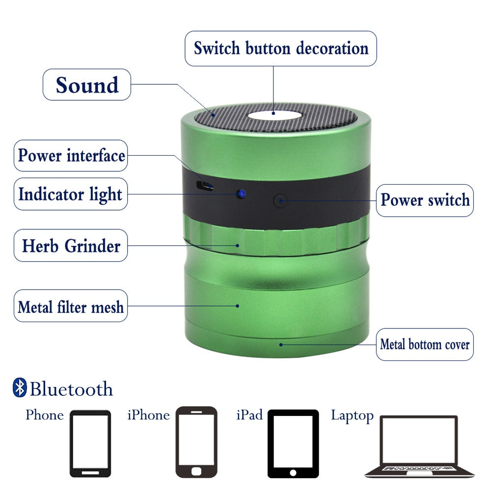 Grind & Groove: Bluetooth Herb Grinder Speaker/
VibeGrind 2-in-1 Audio Herb Tool/
LoudLeaf Bluetooth Grinder Combo/
SmokeBeats 62MM Herb Grinder Speaker/ TuneGrind All-in-One Weed Grinder Speaker/