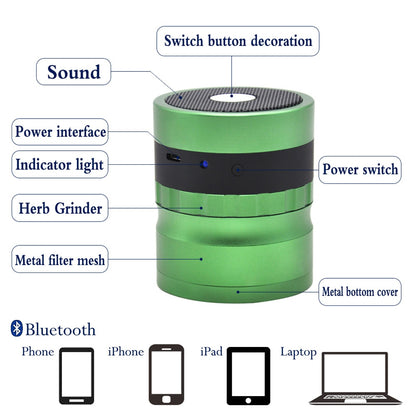 Grind & Groove: Bluetooth Herb Grinder Speaker/
VibeGrind 2-in-1 Audio Herb Tool/
LoudLeaf Bluetooth Grinder Combo/
SmokeBeats 62MM Herb Grinder Speaker/ TuneGrind All-in-One Weed Grinder Speaker/